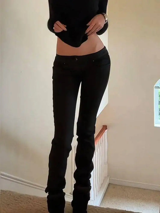 Women's Denim Pants Low Rise Jeans American Retro Black Bootcut Jeans Y2k 2000s Harajuku Skinny Jeans Stretch Japanese Gyaru New
