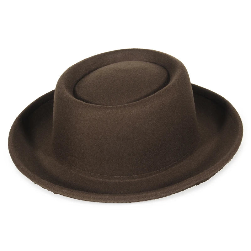 Autumn Winter Pork Pie Fedora Hat for Women Men Soft Felt Curved Brim Porkpie Hats with Hatband Feather