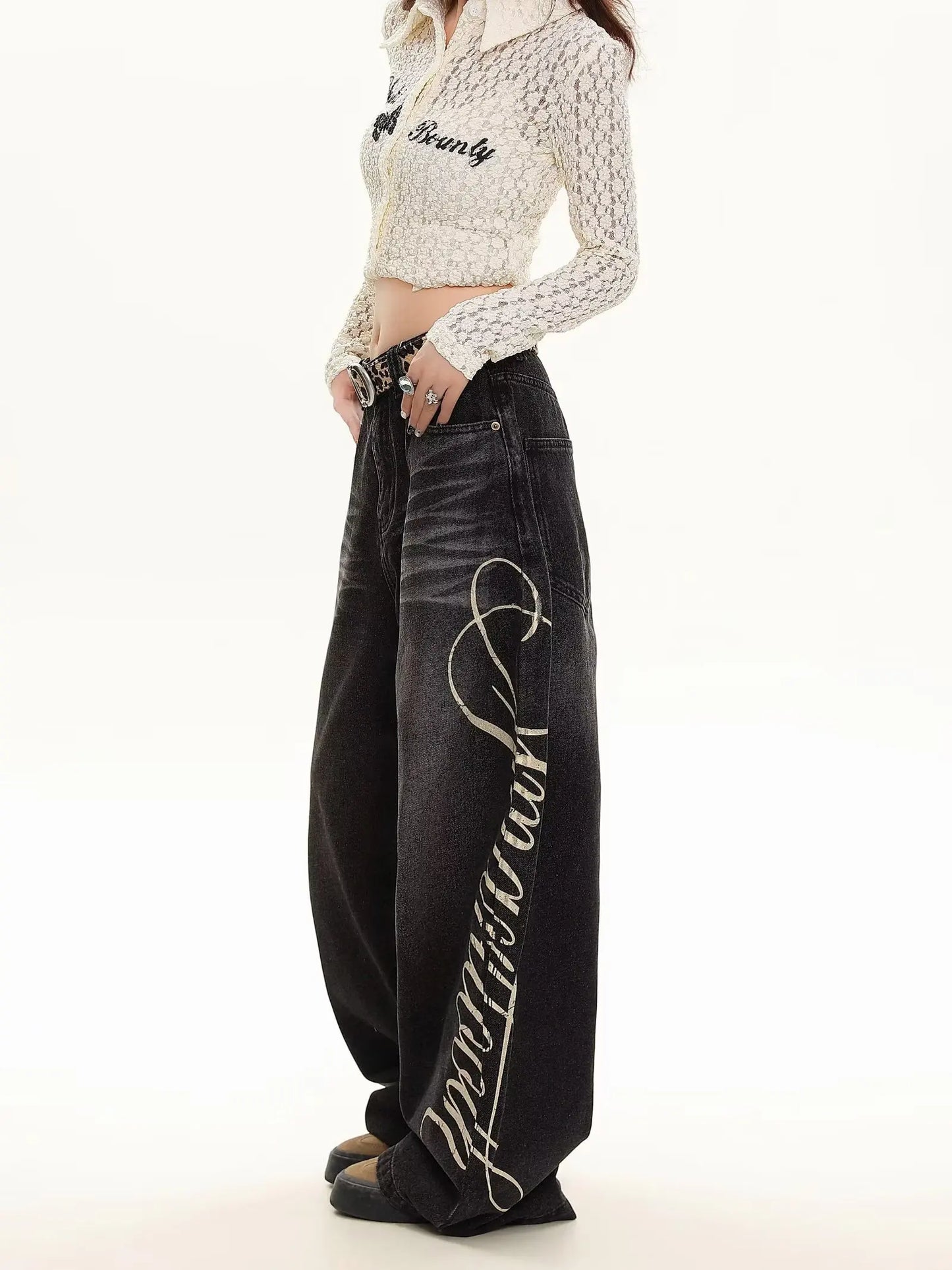 Blue Loose Wide Leg Jeans Women's Fashion High Waist Straight Cut Casual Trousers Autumn New Style Slimming Effect Cotton Pol...