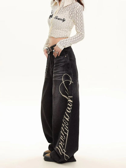 Blue Loose Wide Leg Jeans Women's Fashion High Waist Straight Cut Casual Trousers Autumn New Style Slimming Effect Cotton Pol...