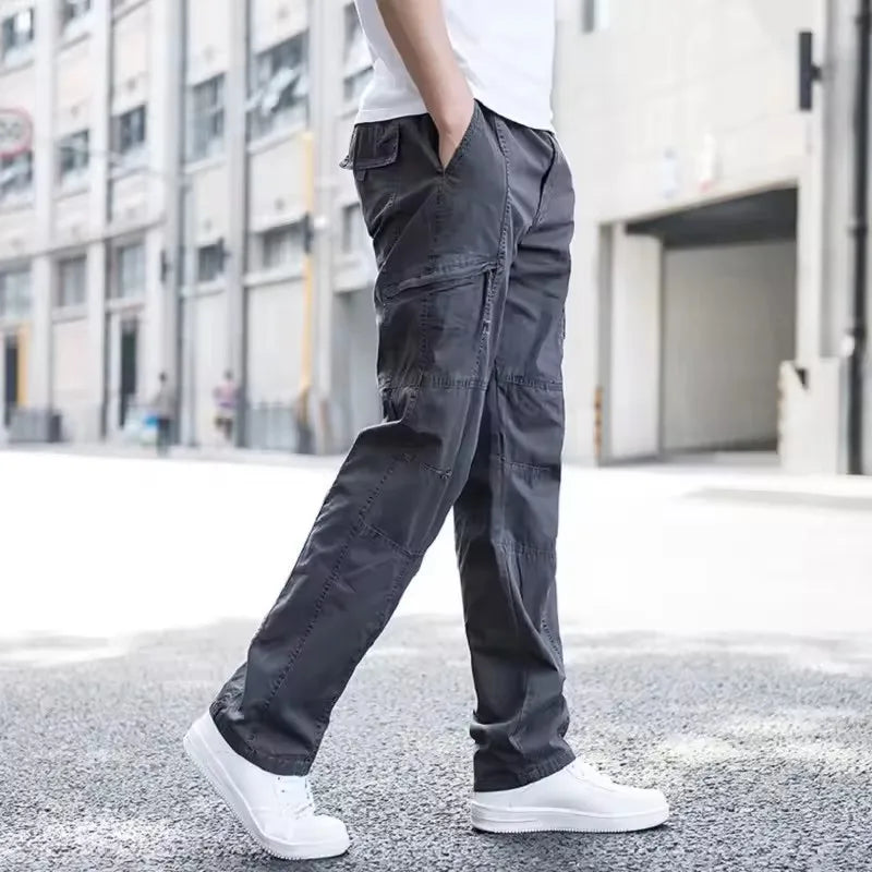 Casual Pants Men's Cargo Trousers Straight Leg Work Pants Men Cotton Casual Loose Spring Summer Wide Overalls Male Multi Pockets