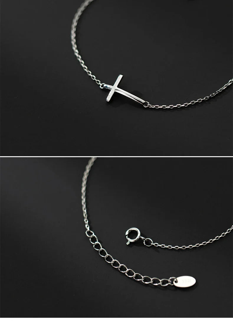 Real 925 Sterling Silver Smooth Cross Bracelet For Women Shiny Link Chain Bracelet Fine Jewelry Valentine's Day Gift