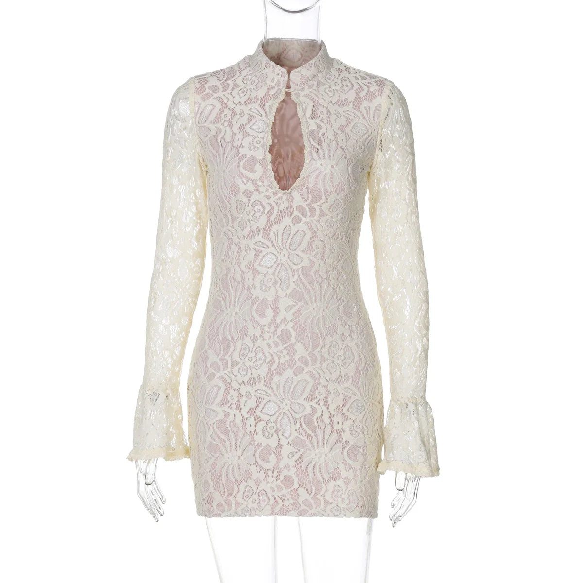 Turtleneck Long Flare Sleeve Patchwork Lace Hollow Out Button Sexy Mini Dress 2025 Spring Women Clothes Party Nightclub
