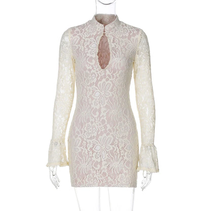 Turtleneck Long Flare Sleeve Patchwork Lace Hollow Out Button Sexy Mini Dress 2025 Spring Women Clothes Party Nightclub