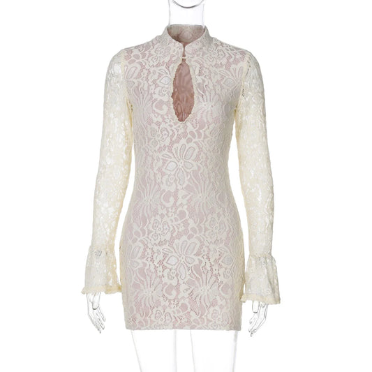 Turtleneck Long Flare Sleeve Patchwork Lace Hollow Out Button Sexy Mini Dress 2025 Spring Women Clothes Party Nightclub