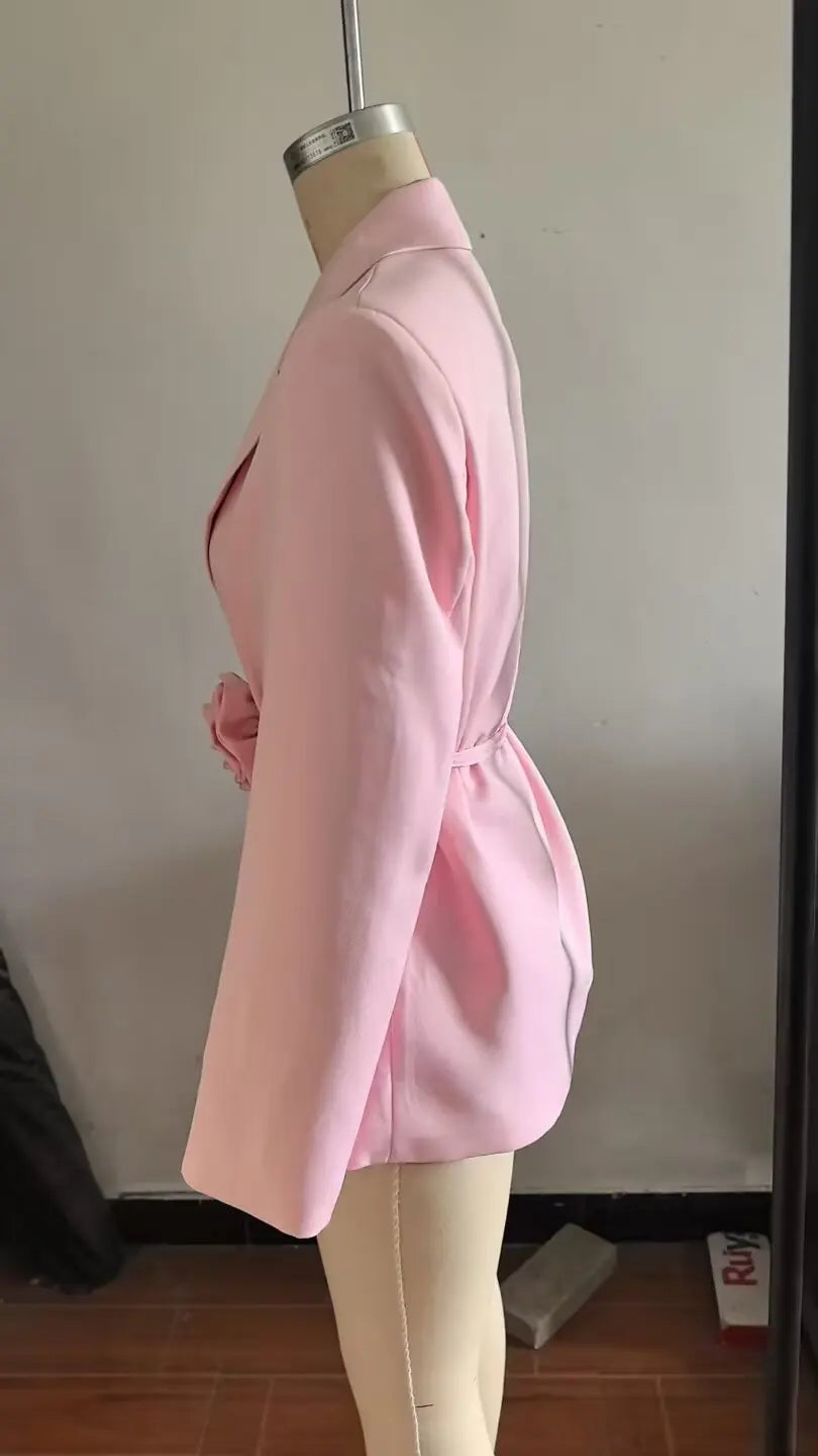 Women Notched Lapel Blazer with Floral Rose Belt Waist Tie Slim Long Sleeve Suit Jacket