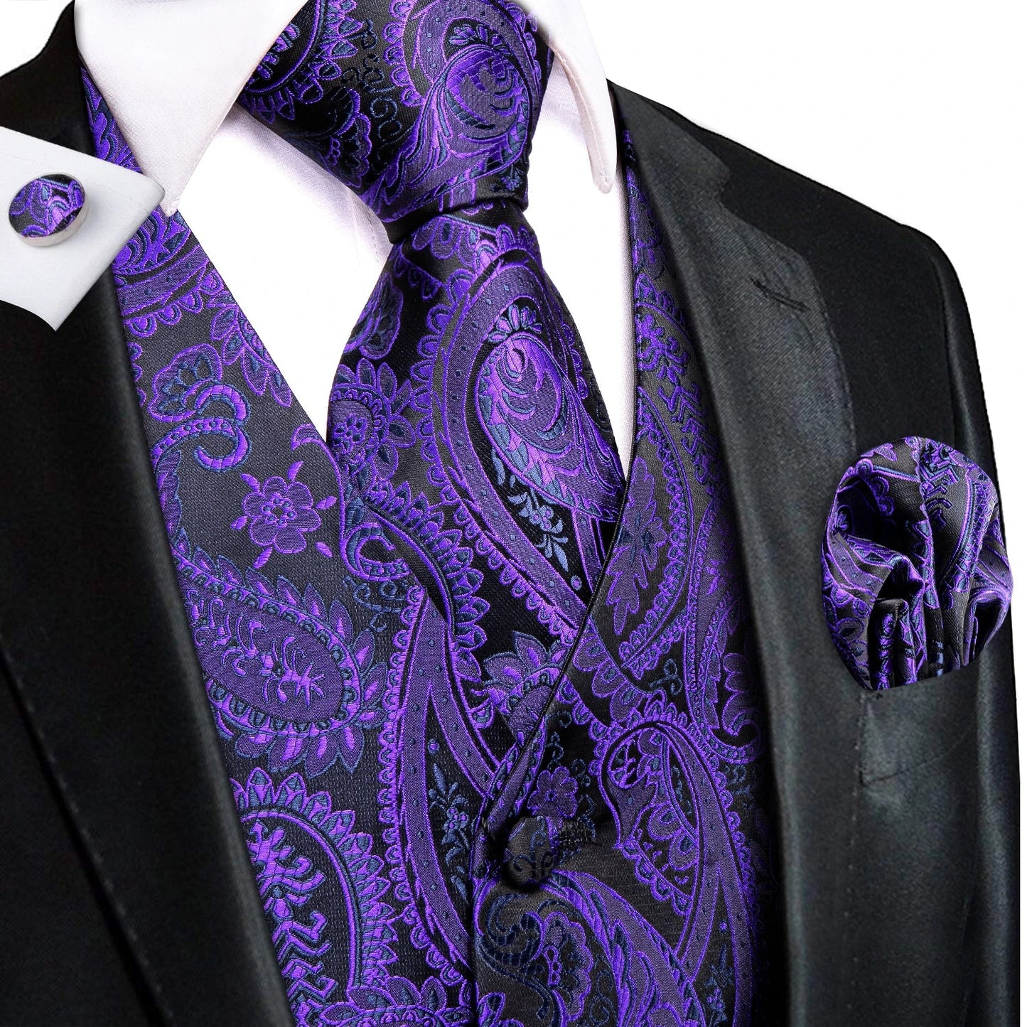 Green Mint Purple Mens Silk Vest Tie Jacquard Autumn Spring Suit Waistcoat Jacket Necktie Hanky Cufflinks for Men Wedding