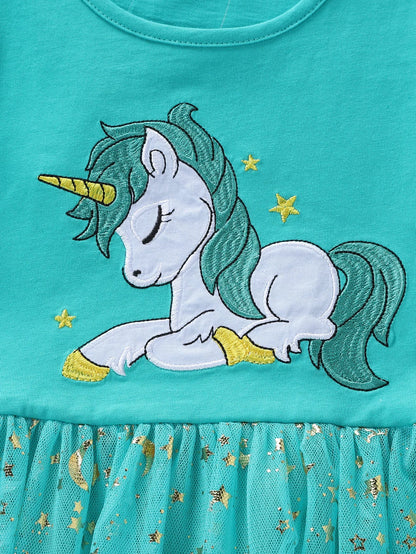 Summer New Girl's Cotton Unicorn Embroidered Mesh Spliced Sleeveless Dress SH1701