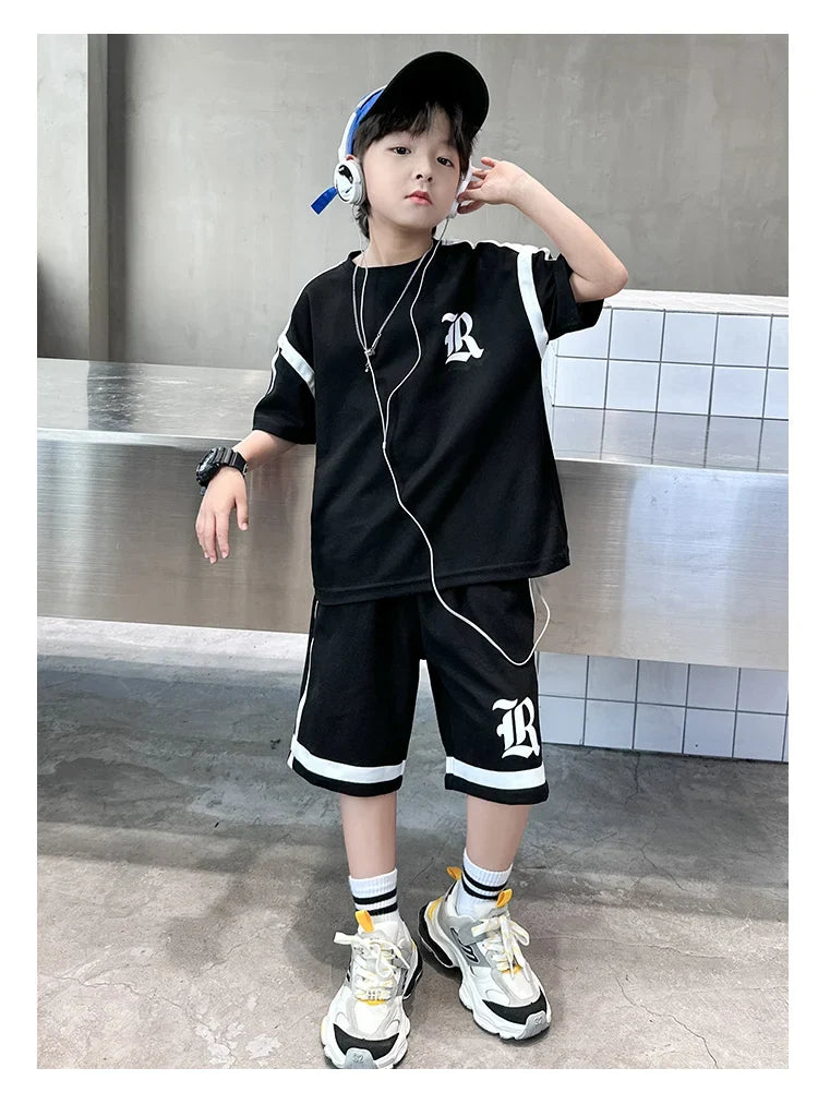 2025 Kids Summer Clothing Boys Top and Bottom Set Beige Black Color T-shirt Shorts 2PCS Tracksuit Set Teens Child Casual Outfit
