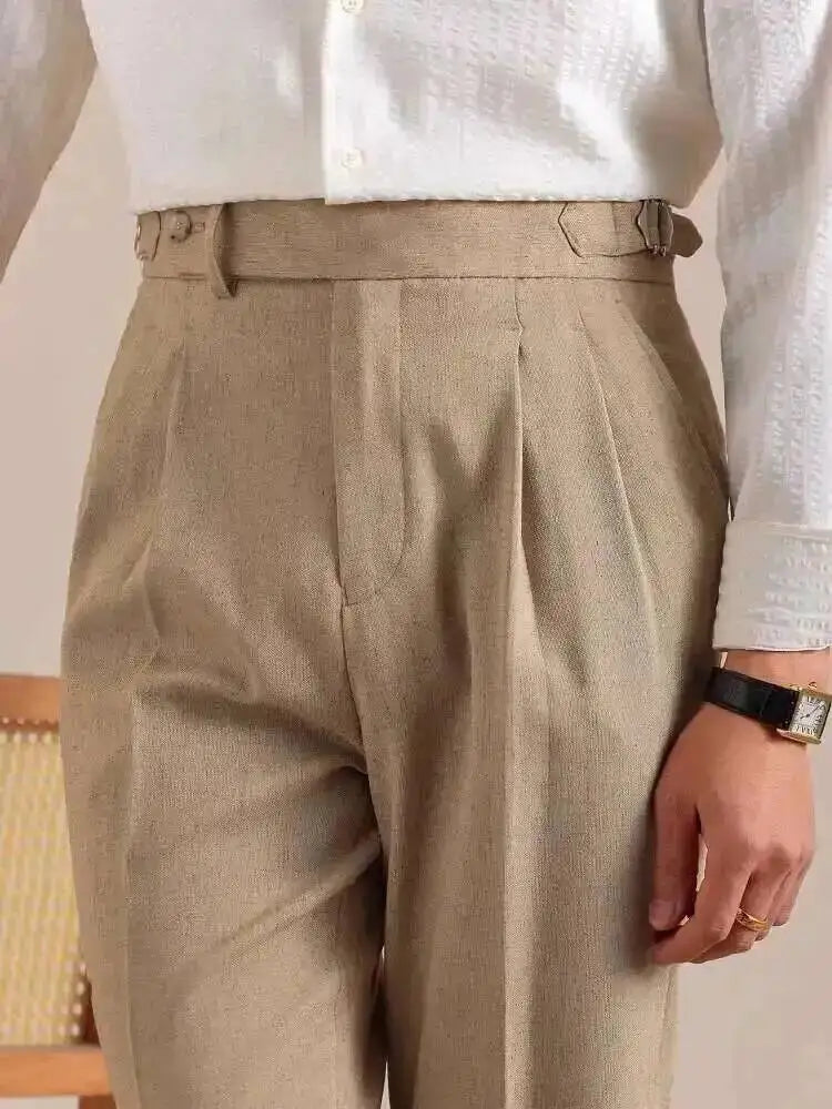 High Waist Linen Suit Pants Men Breathable Straight Leg Office Trousers Men Pantalon Costume Homme Men's Social Trousers