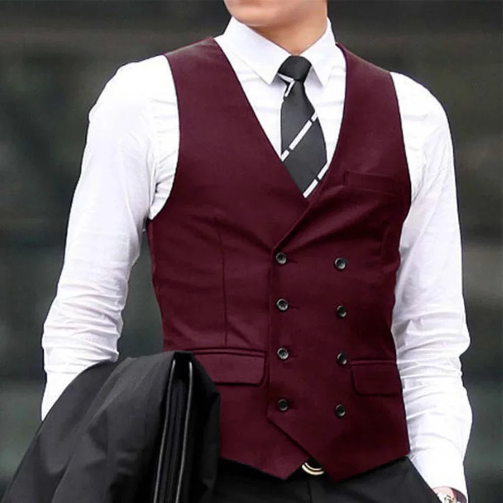 Men Vest Black Solid Double Breasted Waistcoat For Wedding Business Casual Banquet Formal Occasions Work Men Suit Vest