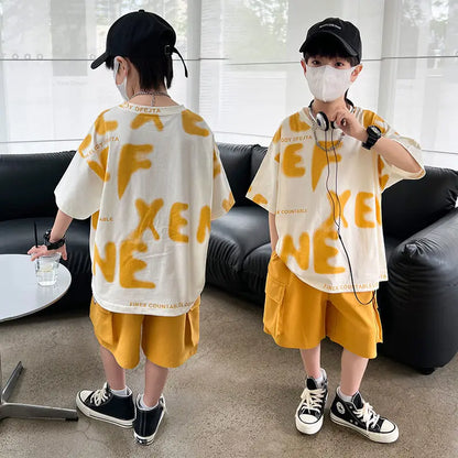 Printed Short Sleeve Children's Boy's Clothing Summer Suit Set Tees Tracksuit T-shirts Boy´s Elementary Student Men's Clothes