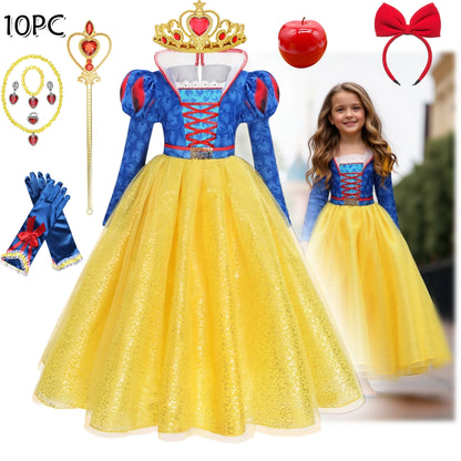 Deluxe Snow White Gown Set with Accessories Princess Costume Fairy Cosplay for Girls Kids Toddler Carnival Party Vestido