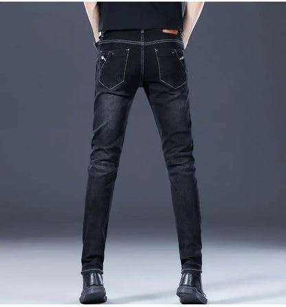 Stylish Black Luxury Men's Korean Streetwear Punk Fashion Comfortable Stretch Jeans Slim Fit Straight Leg Casual Denim Pants