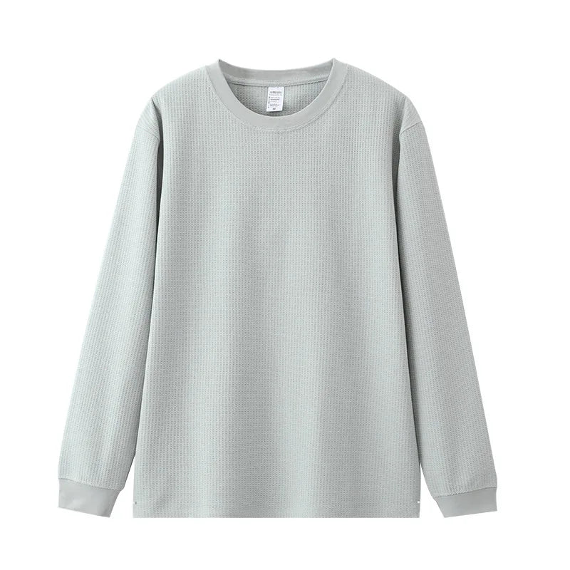 Autumn Lightweight Waffle Knit Base Layer Top  Men - Fashionable Loose Fit Versatile Long-Sleeved Round Neck T-Shirt/Sweatshirt