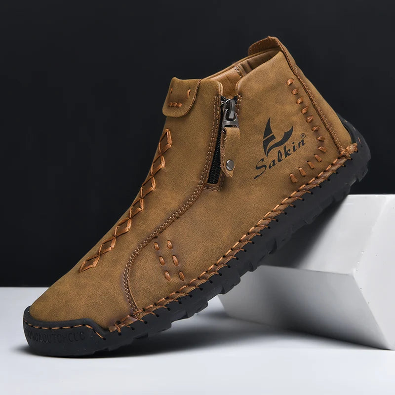 New Winter 2024 Handmade Leather Men Boots Zipper Design Sneakers Man Breathable Casual Leather Shoes Men Ankle Boots Outdoor