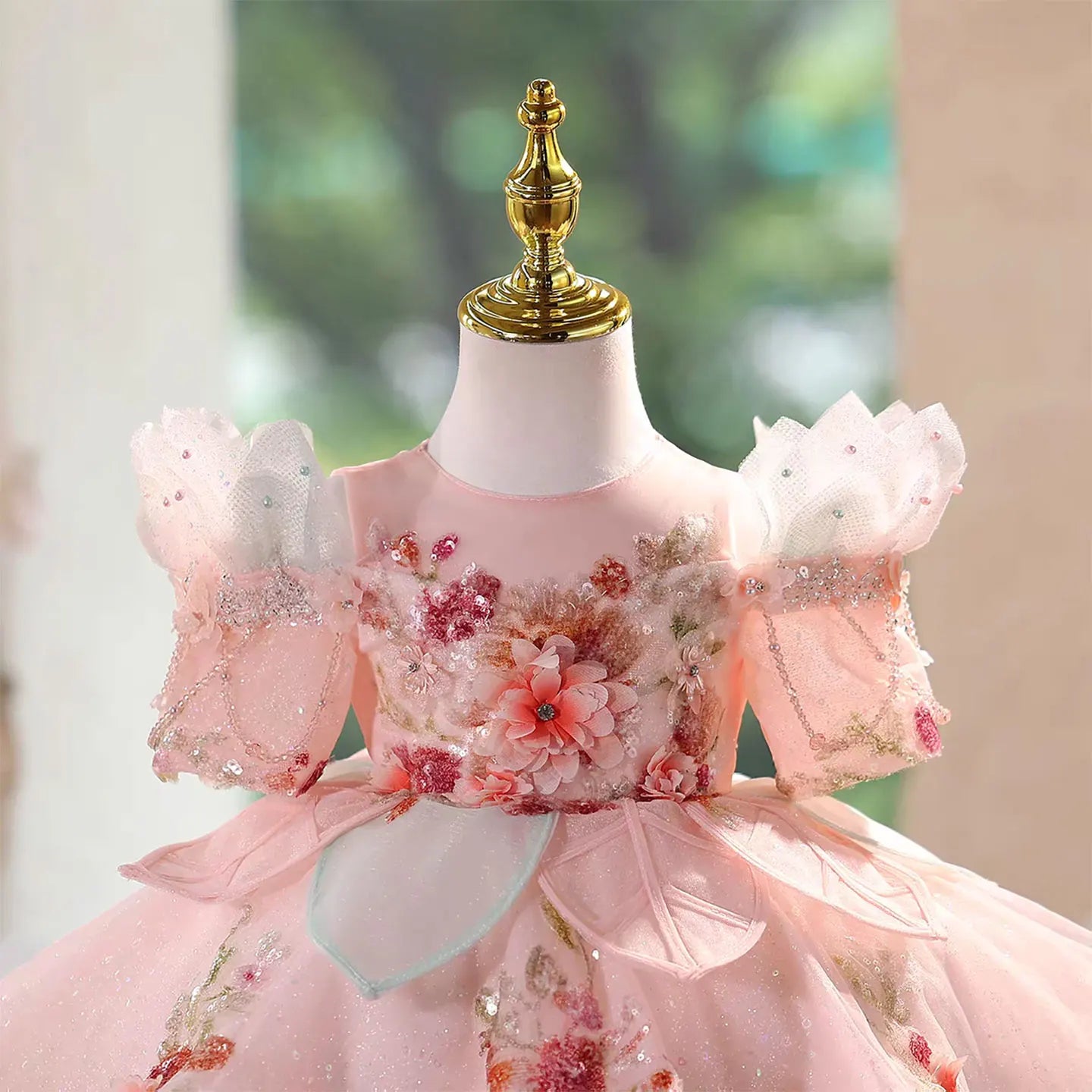 J566 Lovely Pink Flower Girl Dresses with Appliques Knee Length Lace Kids Wedding Birthday Party Pageant Ball Gown