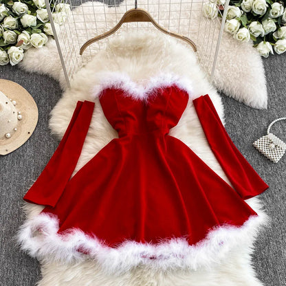 Women's Christmas Dress Sexy Low-cut Waist Thin Big Pendulum Fluffy Splicing Suspender Tube Ling Dress Red