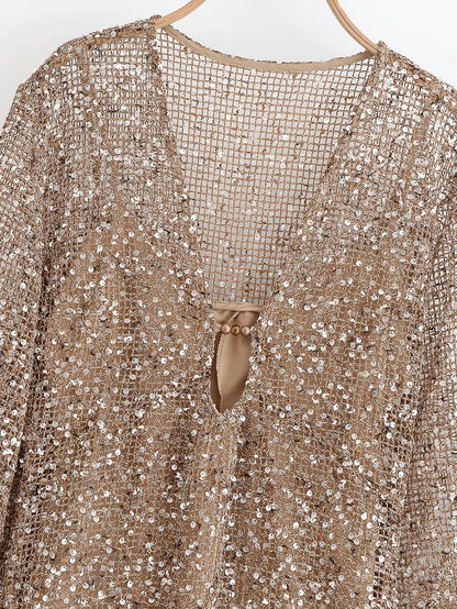 Sexy Sequined Long Pleated Dress Women Deep V-neck Full Sleeve See Through Dresses 2026 Summer Lady Party Evening Dresses ﻿