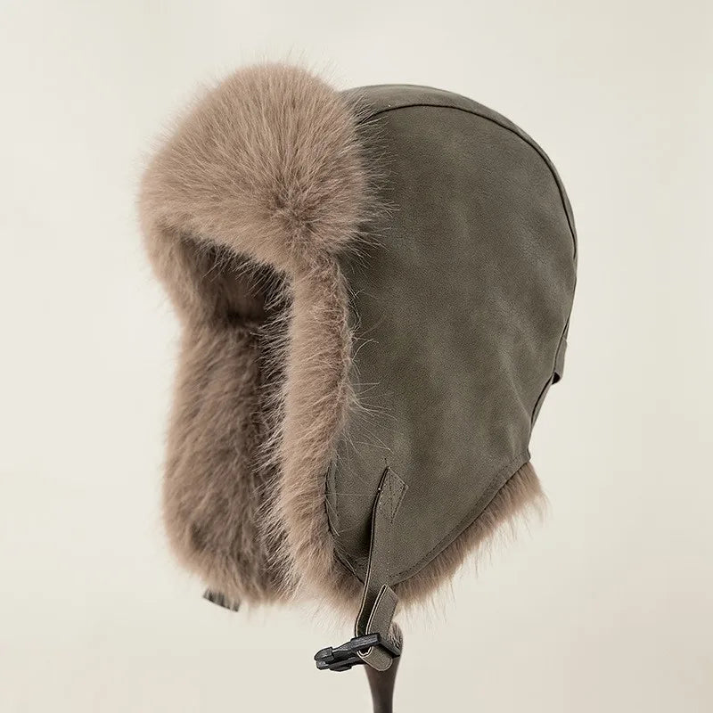 Women Winter Windproof Cold Proof Hat Man Warm Leather Pilot Hats Adult Long Fur Ear Protection Cap
