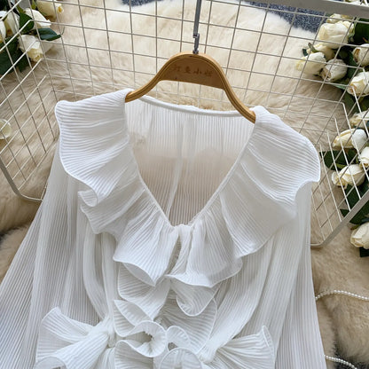 Ruffles Pleated Romantic Tops Thin Spring Summer V Neck French Elegant Blouse Fairycore Flowy Office Lady Luxury Shirt
