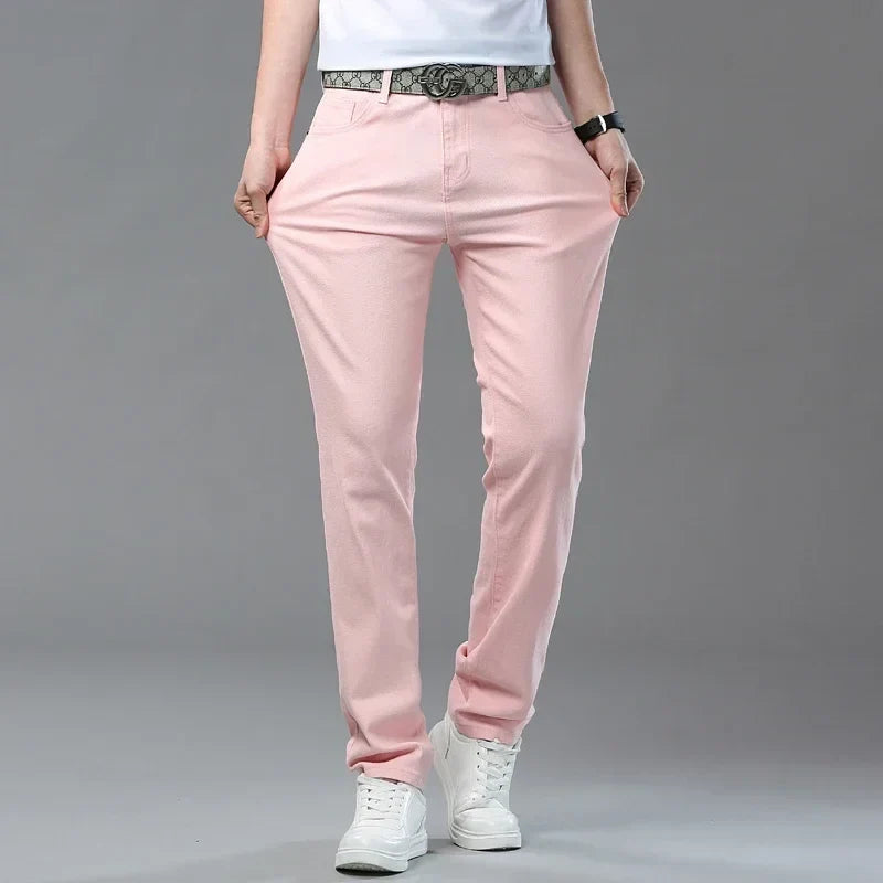 Men's Slim Fit Pants Casual Colorful 2025 Spring New Straight Trousers Men Cotton Stretch Fashion Pants Red Yellow Pink Blue