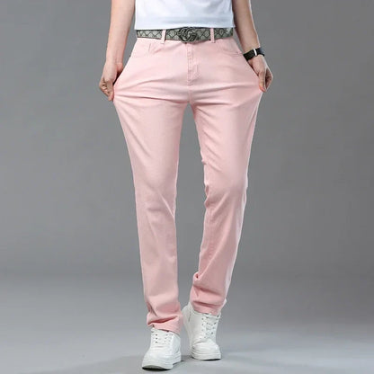 Men's Slim Fit Pants Casual Colorful 2025 Spring New Straight Trousers Men Cotton Stretch Fashion Pants Red Yellow Pink Blue