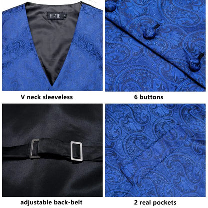 Sky Navy Royal Blue Mens Waistcoat Tie Set Sleeveless Jacket Vest Necktie Hanky Cufflinks Wedding Business Oversized Gift
