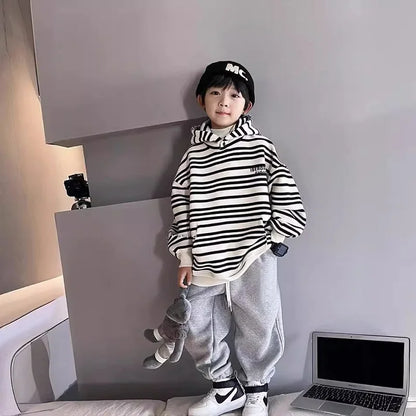 Spring Autumn School Kids 2PCS Tracksuit Boys Loose Striped Sweatshirt+Gray Sweatpant Workout Sets Child Jogger Outfits 9-16 Yr