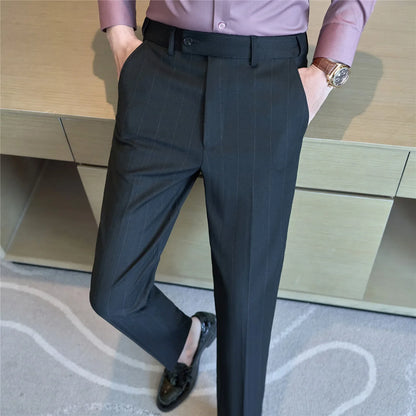 Autumn Winter New Thickened Wool Striped Suit Pants Men's High Qualitys Elastic Waist Slim Fit Business Casual Trousers 38-29