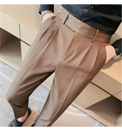 British Style Twill Pleat Design Naples High Waist Casual Trousers Fashion Man Slim Simple Social Party Suit Pant Plus Size 38