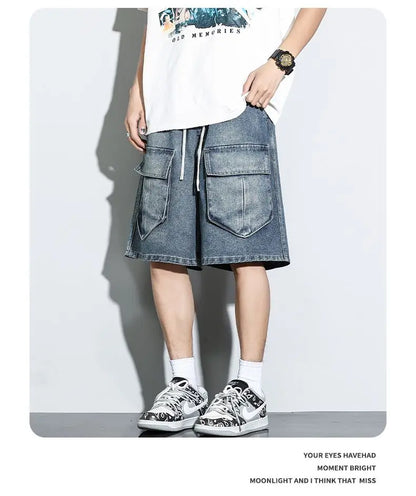 Bermuda Men's Denim Shorts Summer New Fashion Loose Jeans Casual Vintage Drawstring Cargo Short Pants Male Streetwear