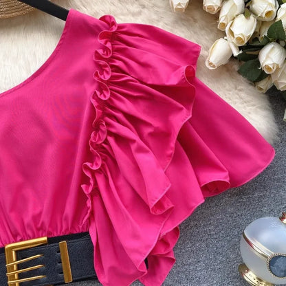 American Chic Blouse for Women Flounced Edge Skew Collar Bare Midriff Belt Skinny Shirts Summer Casual Female Tops Dropshipping