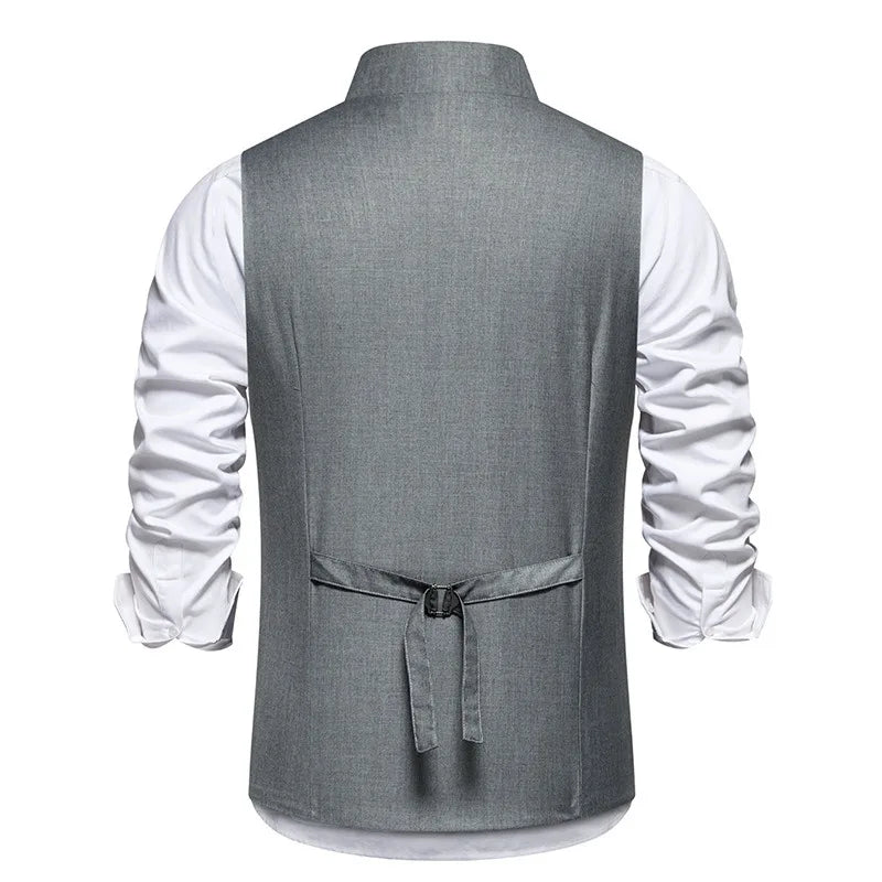 Man Suit Vest Spring Autumn Thin Solid Stand Collar Male Waist Slim Sleeveless Single-breasted Business Wedding Men Vest