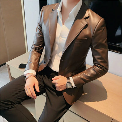 Men's Leather Jacket 2024 Autumn Highend Fashion Solid Slim Fit Business Blazers Coats Korean Casual PU Leather Suit Tuxedo