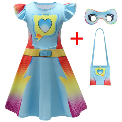 Children's SuperKitties Dresses Super Kitties Cosplay Costume Girls Flying Sleeves A-Line Dress Bag Mask Carnival Birthday Gift