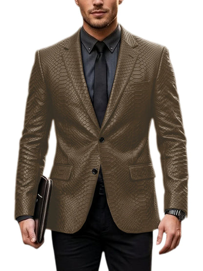Men's Luxury Crocodile Pattern Leather Blazer Slim Fit Two Button Notch Lapel Suit Jacket Business Casual Wedding Tuxedo Dress