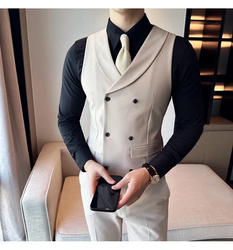 ( Vest + Pants) Men's Double-breasted Suit Vest 2 Pieces Set High Quality Business Casual Fashion Groom Wedding Dress Vest Sets