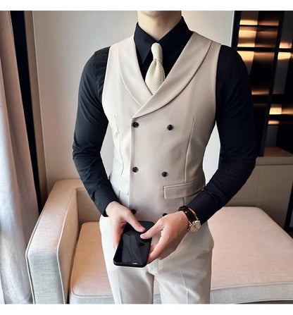 ( Vest + Pants) Men's Double-breasted Suit Vest 2 Pieces Set High Quality Business Casual Fashion Groom Wedding Dress Vest Sets