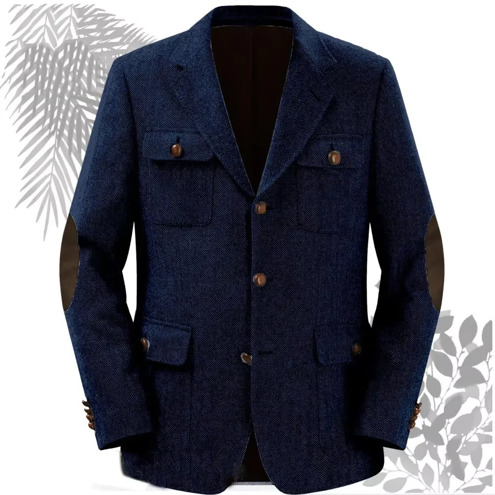 Autumn Winter Multi-Pocket Hunting Jacket Herringbone Tweed Men's Sporty Formal Blazers Suit Vintage Elegance Menswear 2025 NEW