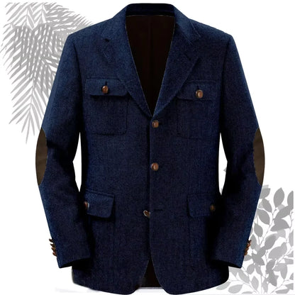 Autumn Winter Multi-Pocket Hunting Jacket Herringbone Tweed Men's Sporty Formal Blazers Suit Vintage Elegance Menswear 2025 NEW