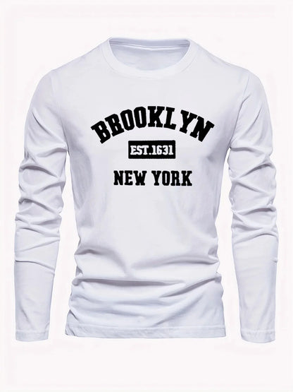 Men's 100% cotton loose fit sports casual Brooklyn New York letter printed round neck long sleeved T-shirt top