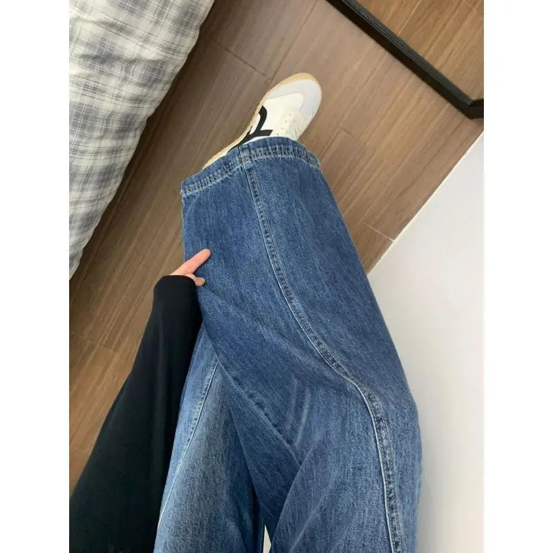 Chic American Street Style Vintage Curved Hem Jeans Women Edgy Design Loose Fit Slimming Wide Leg Floor Length Denim Pants
