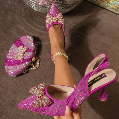 New Arrival Women's Elegant Black Shoes with Rhinestone-Embellished Diamond Heels & Matching Handbag – Perfect Fashion Set for