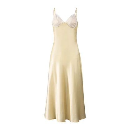 Women Sexy V-neck Satin Sling Maxi Dresses Chic White Lace Patchwork Sleeveless Backless Slim Gowns Summer Evening Party Dress