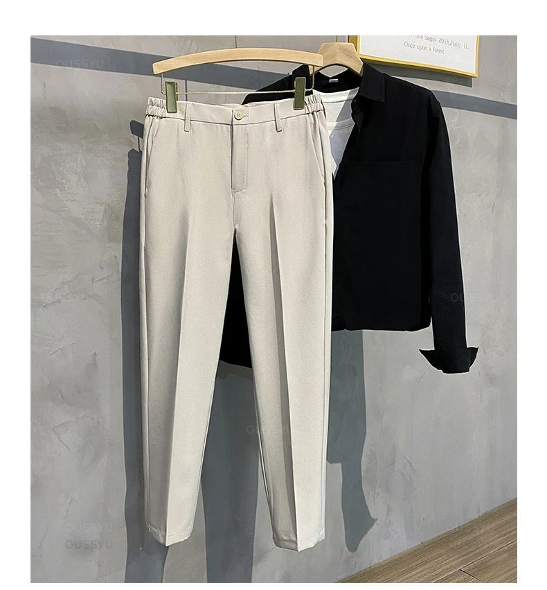 Summer Men's Casual Pants Suit Pant Slim Fit Work Elastic Waist Thin Jogging Business Trousers Male Black Grey Plus Size 40