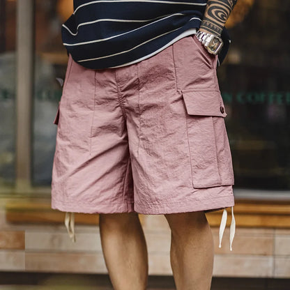 Outdoor Quick-Dry Pink Cargo Shorts Men's Summer Lightweight Woven Elastic Waist Shorts Loose Straight Bottoms for Sports