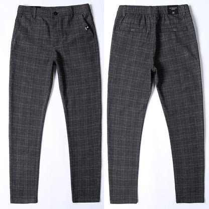 Autumn New Men's Plaid Striped Business Casual Pants Classic Fashionable Straight Elastic Casual Trousers Black Gray Male