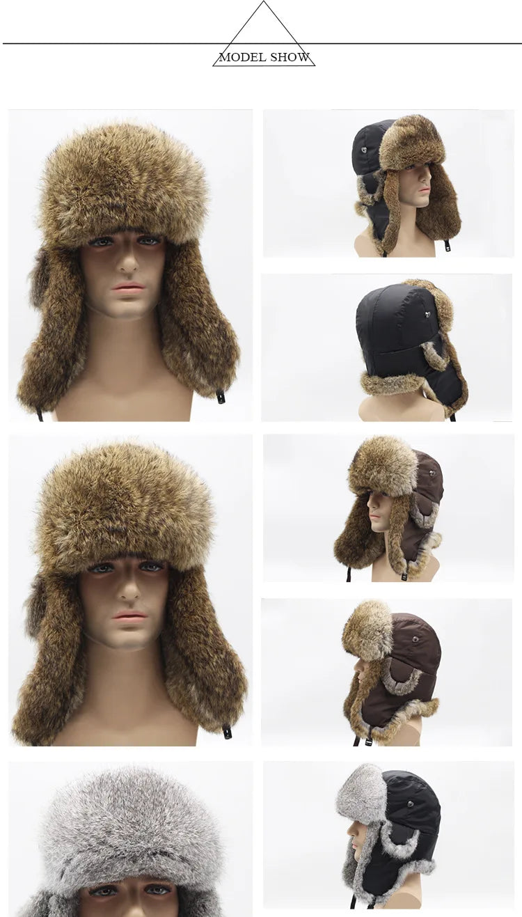 Sports Winter Fashion Trapper Hats Men Thick real Rex Rabbit Fur Bomber Cap with Warm Snow Ear Flap Hiking Hats for Outdoor