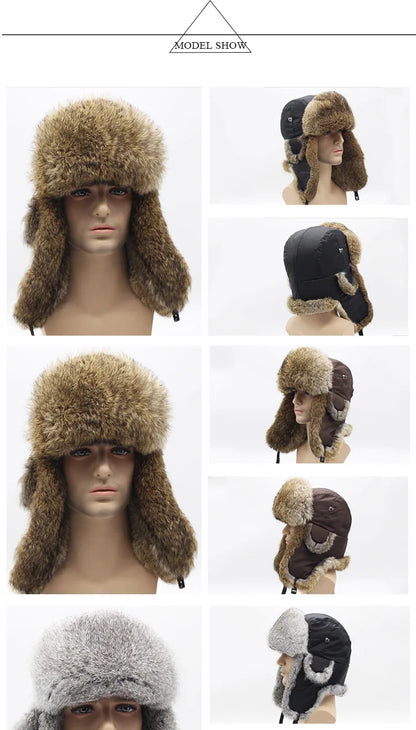 Sports Winter Fashion Trapper Hats Men Thick real Rex Rabbit Fur Bomber Cap with Warm Snow Ear Flap Hiking Hats for Outdoor